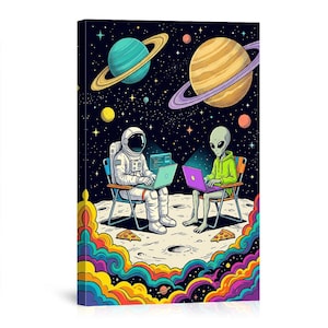 May include: A vibrant canvas print depicts an astronaut and an alien sitting on a moon-like surface, both using laptops. The background features planets with rings, stars, and colorful, swirling clouds. Pizza slices are on the ground.
