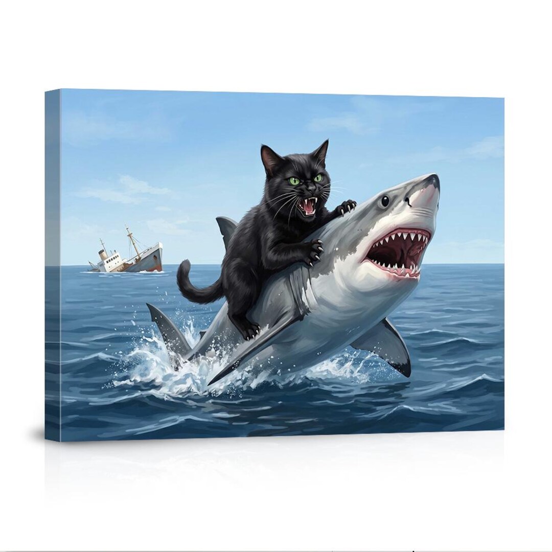Funny Black Cat Riding Shark Poster Art, Humorous Ocean Animal Canvas ...