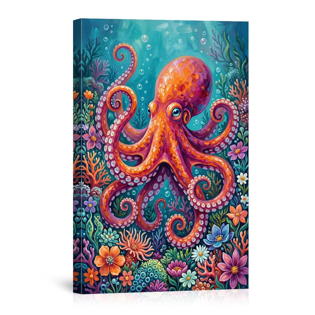 Colorful Octopus in Coral Garden Canvas Wall Art, Whimsical Underwater ...