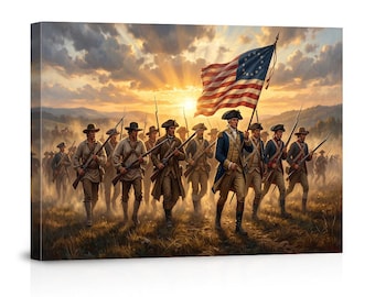 Pode incluir: Impressão em tela retratando uma cena histórica de soldados da Guerra Revolucionária Americana marchando por um campo. Os soldados usam uniformes de época, carregam rifles e uma bandeira americana. O fundo apresenta um pôr do sol.