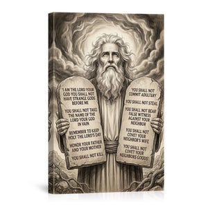 May include: Sepia-toned artwork depicting a bearded figure holding two stone tablets. The tablets display text from the Ten Commandments. The artwork has a detailed, illustrative style with a focus on religious themes and historical representation.
