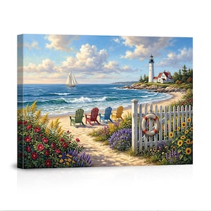 May include: A coastal landscape painting featuring a beach scene with a lighthouse, sailboat, and colorful Adirondack chairs. The artwork depicts a white picket fence, a life preserver, and vibrant flowers. The sky is blue with fluffy clouds.