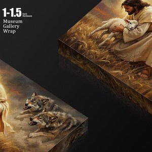 May include: Museum gallery wrap canvas print featuring a religious scene. The artwork depicts a figure holding a lamb, with wolves in the foreground. The canvas is 1-1.5 inches thick.