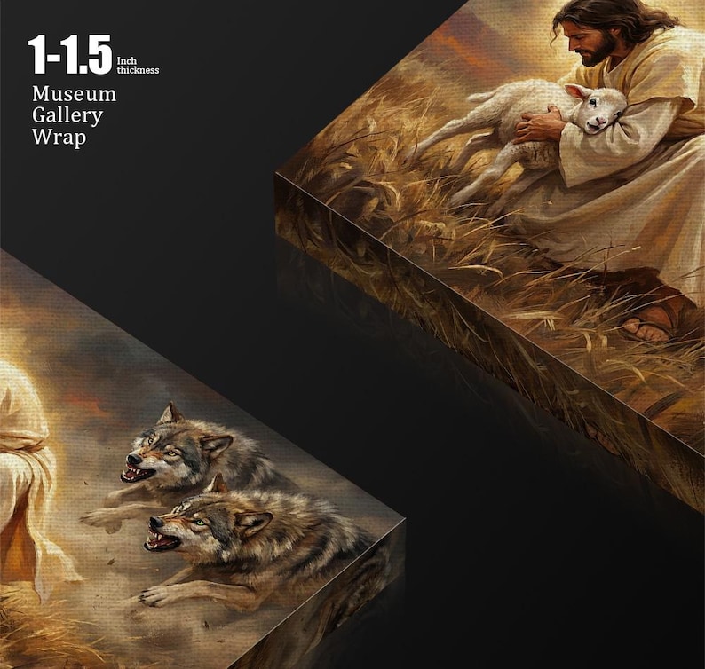 May include: Museum gallery wrap canvas print featuring a religious scene. The artwork depicts a figure holding a lamb, with wolves in the foreground. The canvas is 1-1.5 inches thick.