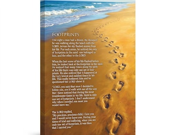 Footprints in the Sand Poem Christian Canvas Wall Art, Inspirational Religious Decor, Heartwarming Beach Scene Art for Bedroom & Home