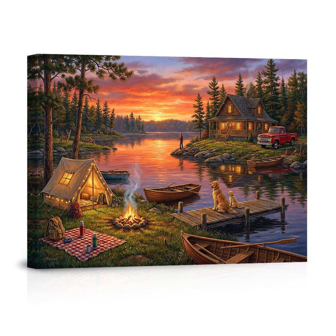 Sunset Lake Cabin Camping Canvas Wall Art, Nostalgic Outdoor Decor ...