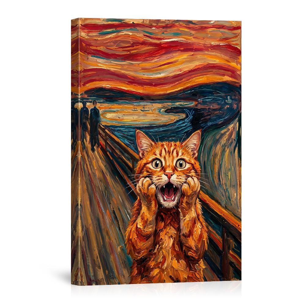 The Scream Cat Parody Canvas Wall Art, Funny Orange Cat Poster Decor for Living Room Bedroom Office