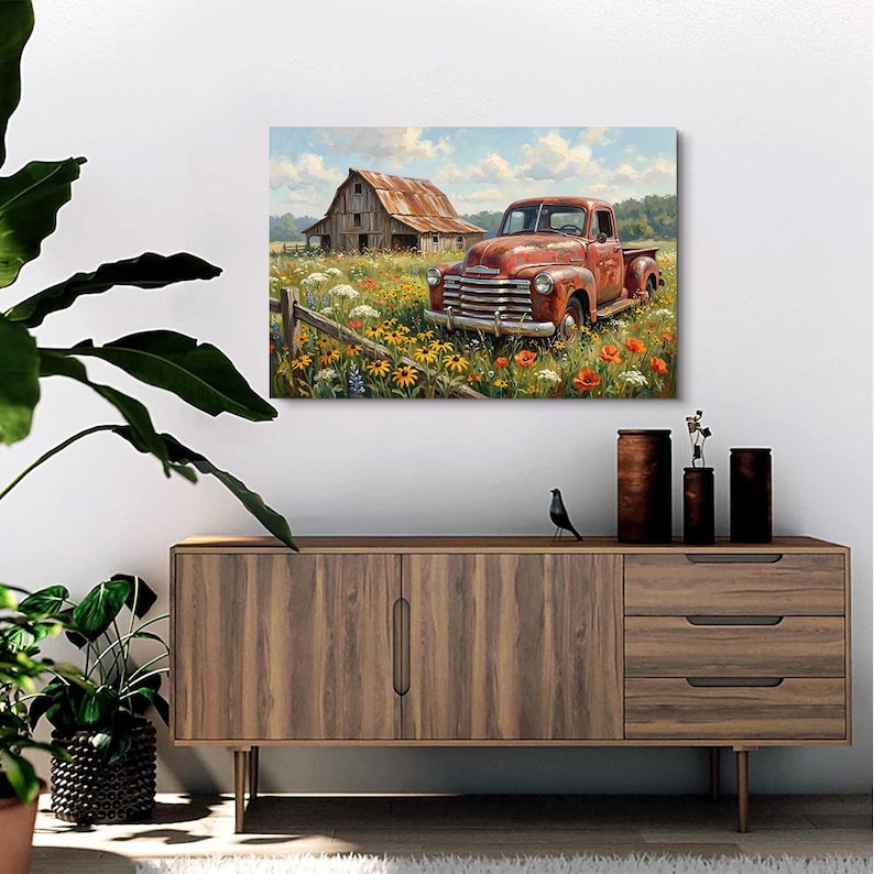 Vintage Red Pickup Truck With Old Barn Canvas Wall Art – Rustic Country ...