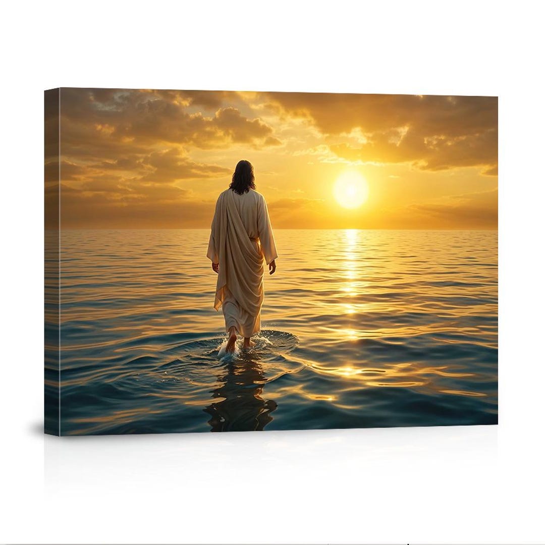 Jesus Walking on Water Canvas Wall Art, Sunset Christian Print for ...