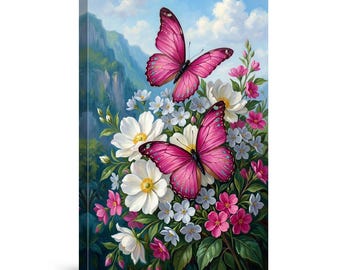 Butterflies and Flowers Canvas Print Spring Wall Art Pink Floral Painting Blue Sky Mountain Landscape Nature Decor for Home Living Room