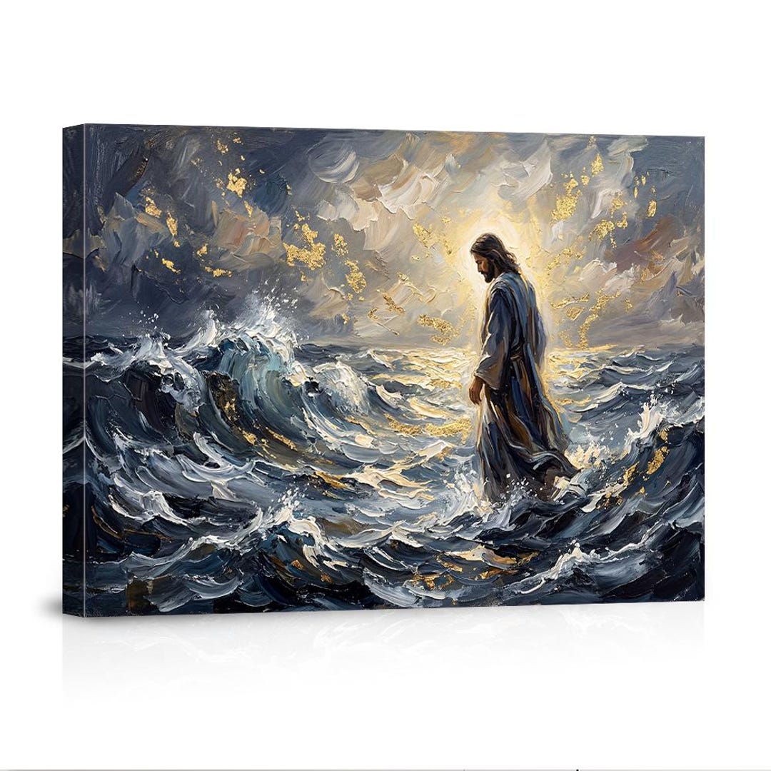 Jesus Walking on Water Canvas Print, Religious Wall Art, Gold Leaf ...