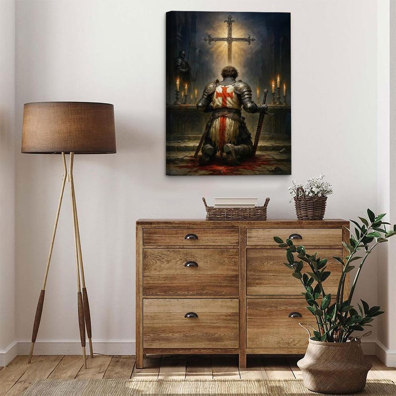 Knight Kneeling Before Cross Canvas Print, Medieval Religious Wall Art ...