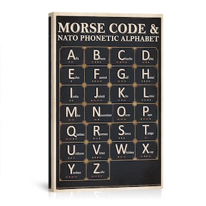 May include: A framed print featuring the Morse Code and NATO phonetic alphabet. The design includes a black background with gold-colored borders and lettering. Each letter is paired with its corresponding Morse code and phonetic word.