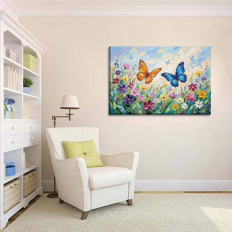 Butterfly and Wildflower Oil Painting Canvas Wall Art – Colorful Floral ...
