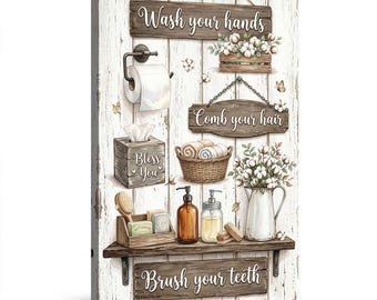 May include: A rustic-style bathroom wall art print. The artwork features wooden signs with phrases like "Wash your hands" and "Brush your teeth." It includes illustrations of bathroom accessories such as a tissue box, towels, and soap.