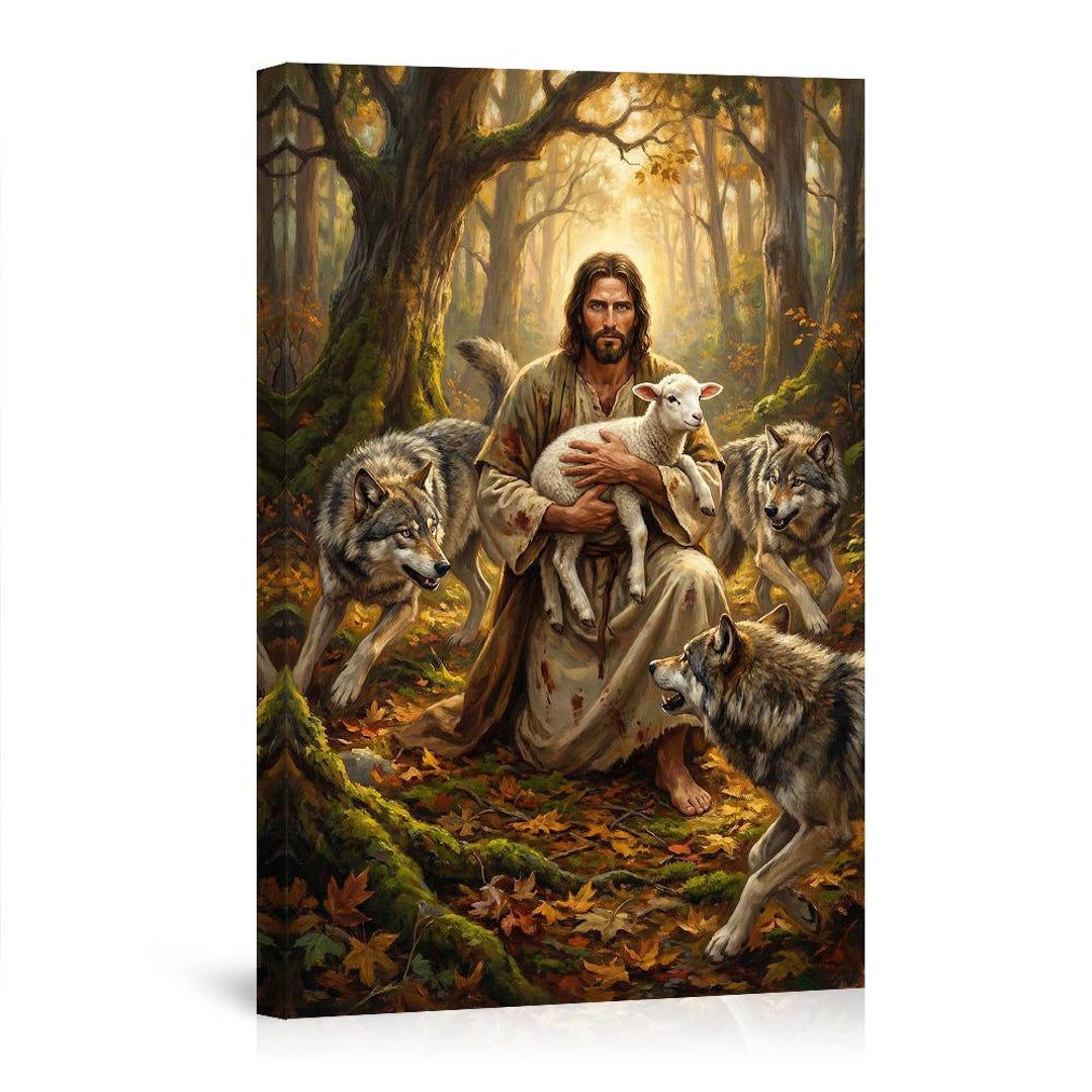 Jesus Protecting the Lamb From Wolves in Forest Canvas Wall Art ...