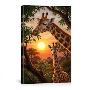 May include: A canvas print featuring two giraffes in a savanna landscape at sunset. The adult giraffe is eating leaves from a tree, while the young giraffe is eating a leaf. The background shows a bright orange sun and silhouettes of trees.