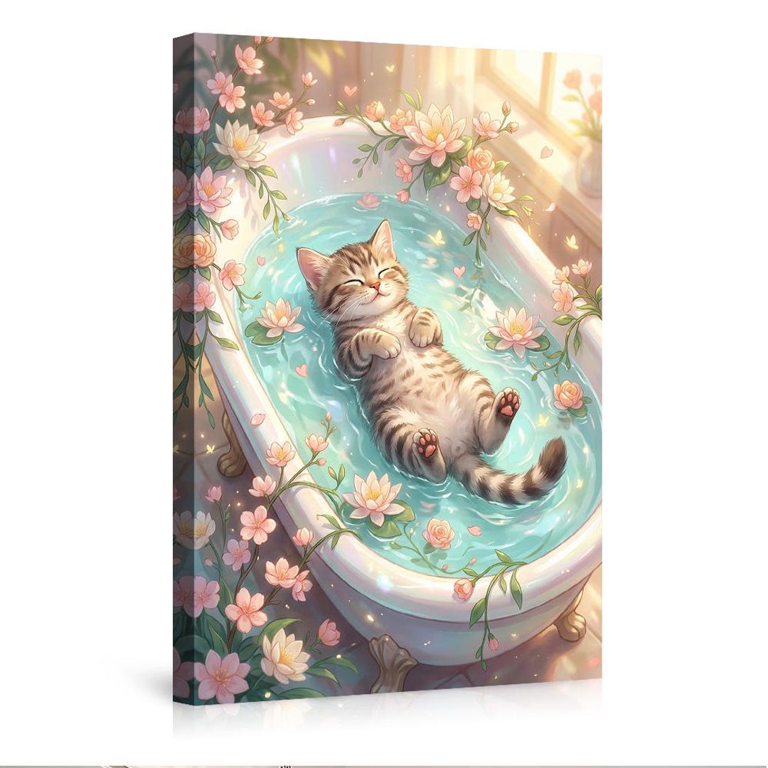 Whimsical Tabby Cat Relaxing in Floral Bath Canvas Wall Art, Serene ...