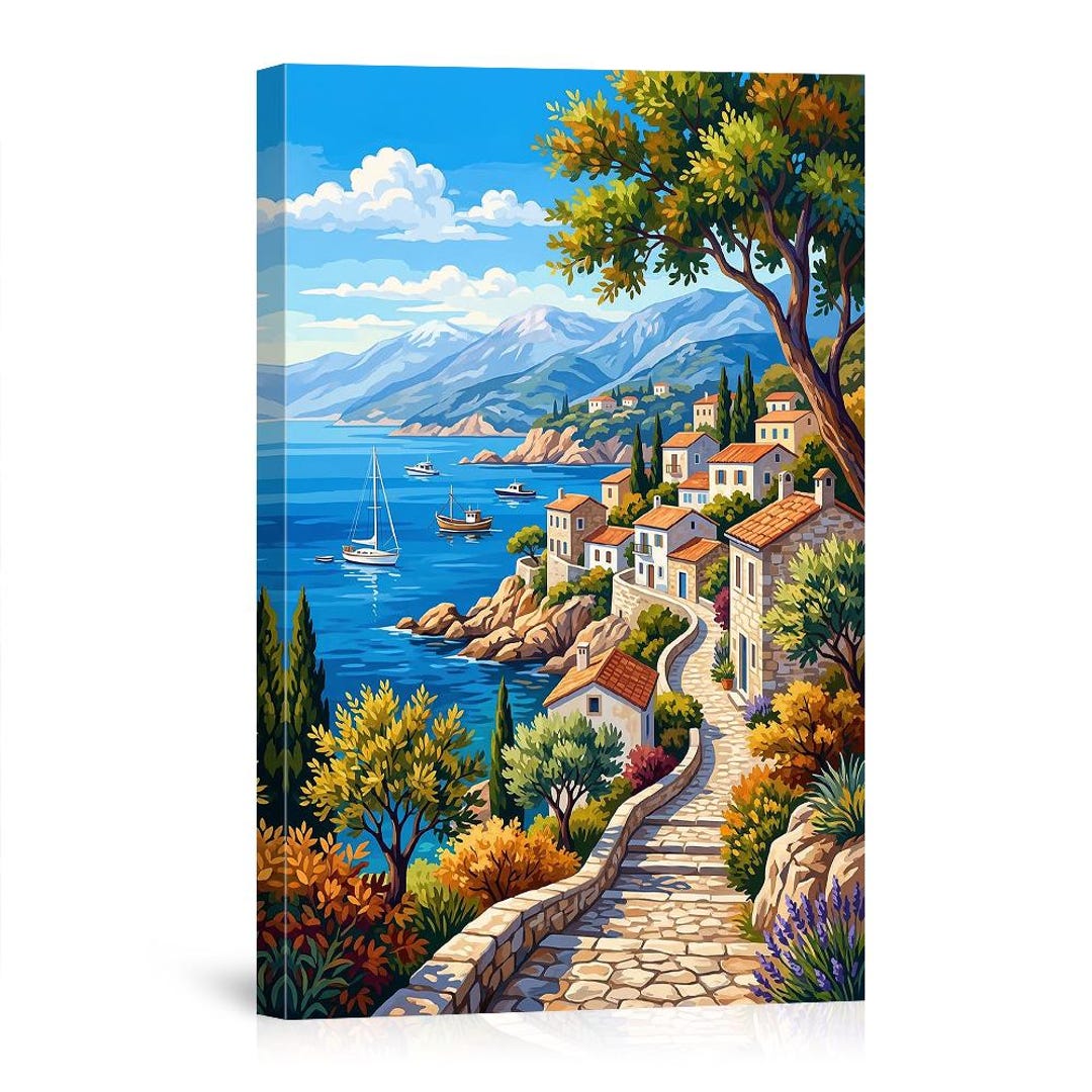 Mediterranean Coastal Village Path Canvas Wall Art – Greek Town Sea ...