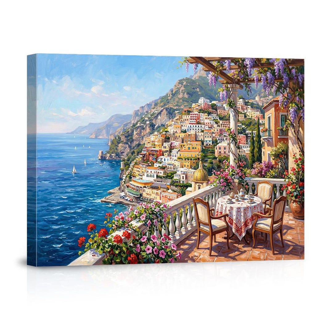 Amalfi Coast Balcony Flowers Sea View Canvas Wall Art – Italian Coastal ...