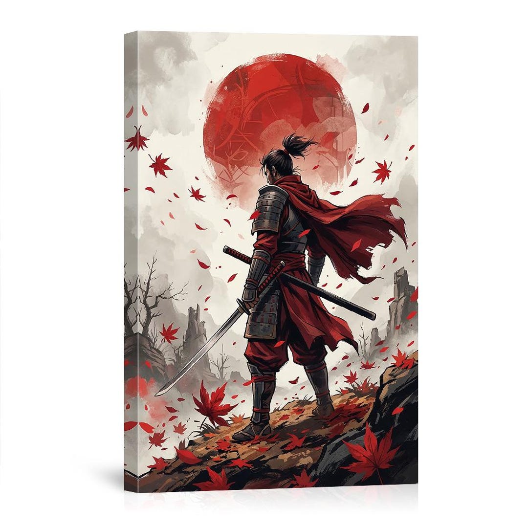 Japanese Samurai Warrior With Red Moon Canvas Wall Art – Japanese Maple ...