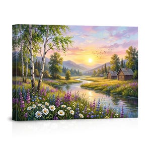 May include: A canvas print of a serene landscape featuring a river winding through a meadow filled with wildflowers. The scene includes birch trees, small wooden cabins, and a sunset with a vibrant sky. Birds are silhouetted against the sun.
