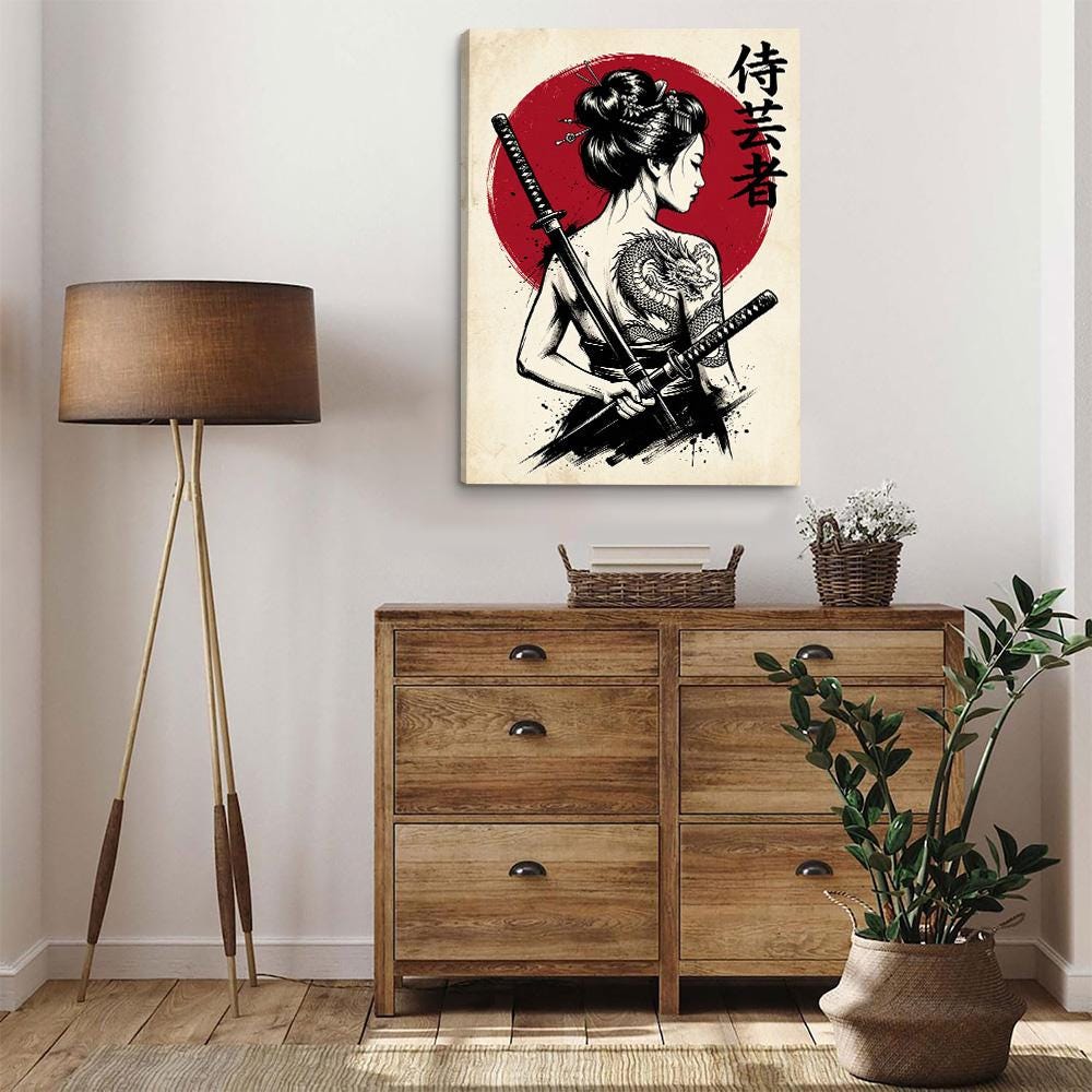 Japanese Geisha Samurai Woman With Dragon Tattoo Canvas Art, Vintage ...