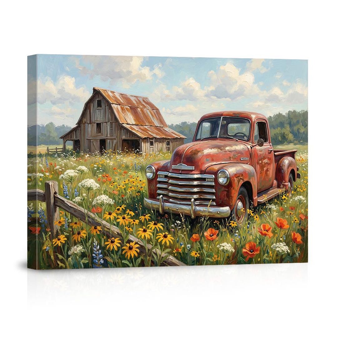Vintage Red Pickup Truck With Old Barn Canvas Wall Art – Rustic Country ...