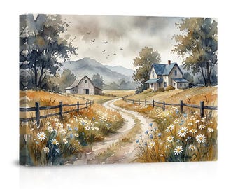 May include: Watercolor painting of a rural landscape featuring a winding dirt road leading past a farmhouse and barn. The scene includes fields of wildflowers, a wooden fence, trees, and a mountain range under a cloudy sky. The artwork is on a canvas.