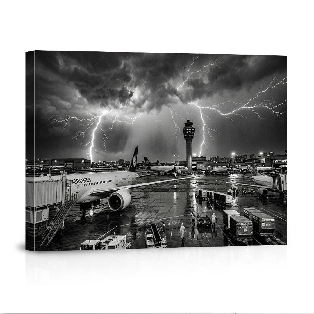 Striking Airport Lightning Storm Wall Art - Dramatic Black & White ...