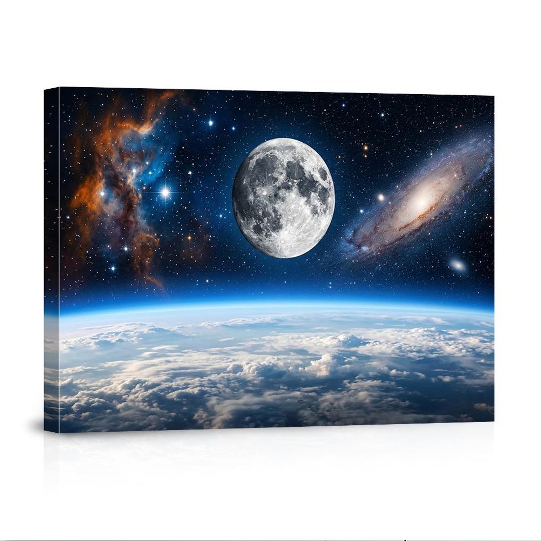 Earth Moon Galaxy Space Canvas Wall Art - Cosmic Nebula Astronomy Decor ...