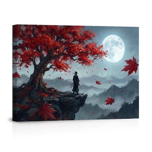 May include: Canvas art print of a samurai standing on a cliff, overlooking a misty mountain range under a full moon. A large tree with vibrant red leaves is on the left, with falling leaves. The samurai is wearing a black kimono and holding a sword.