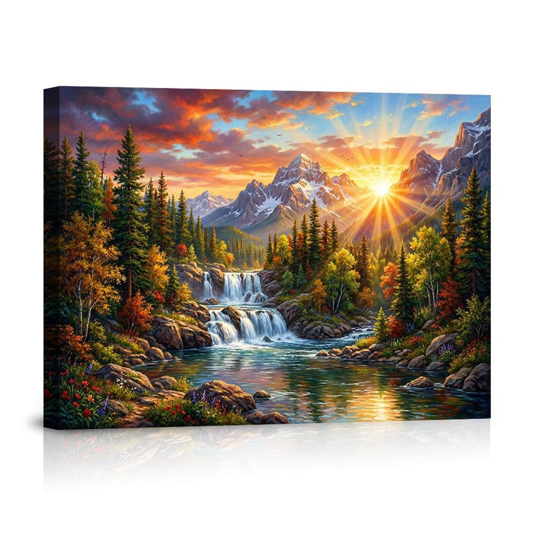 Majestic Mountain Waterfall at Sunrise Canvas Wall Art, Serene Autumn ...