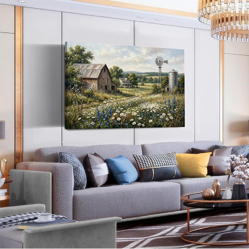 Rustic Farmhouse Landscape Canvas Art, Wildflower Field Painting, Barn ...