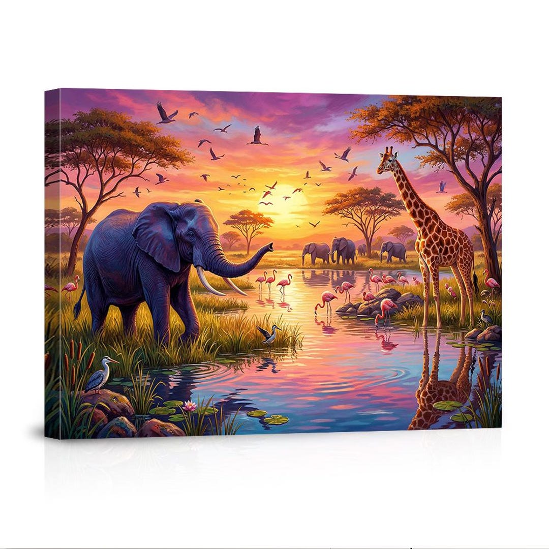 African Safari Sunset Canvas Wall Art - Elephant Giraffe Flamingo ...