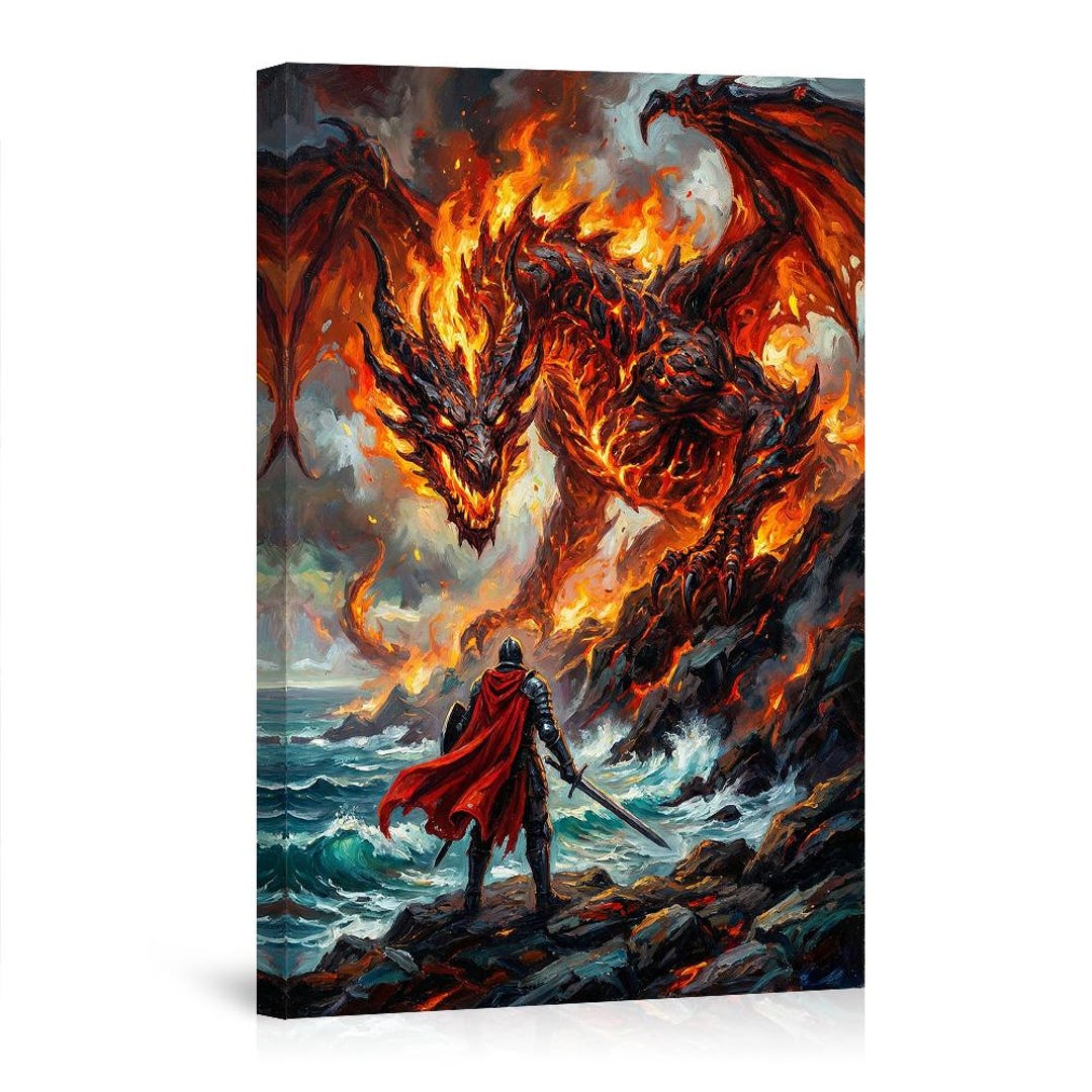 Epic Fire Dragon Knight Battle Canvas Art Print, Fantasy Wall Decor ...