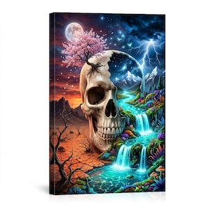 May include: A canvas print featuring a surreal landscape. A skull is bisected, with a desert on one side and a vibrant river scene on the other. A tree with pink blossoms grows from the skull, with a full moon and lightning in the background.