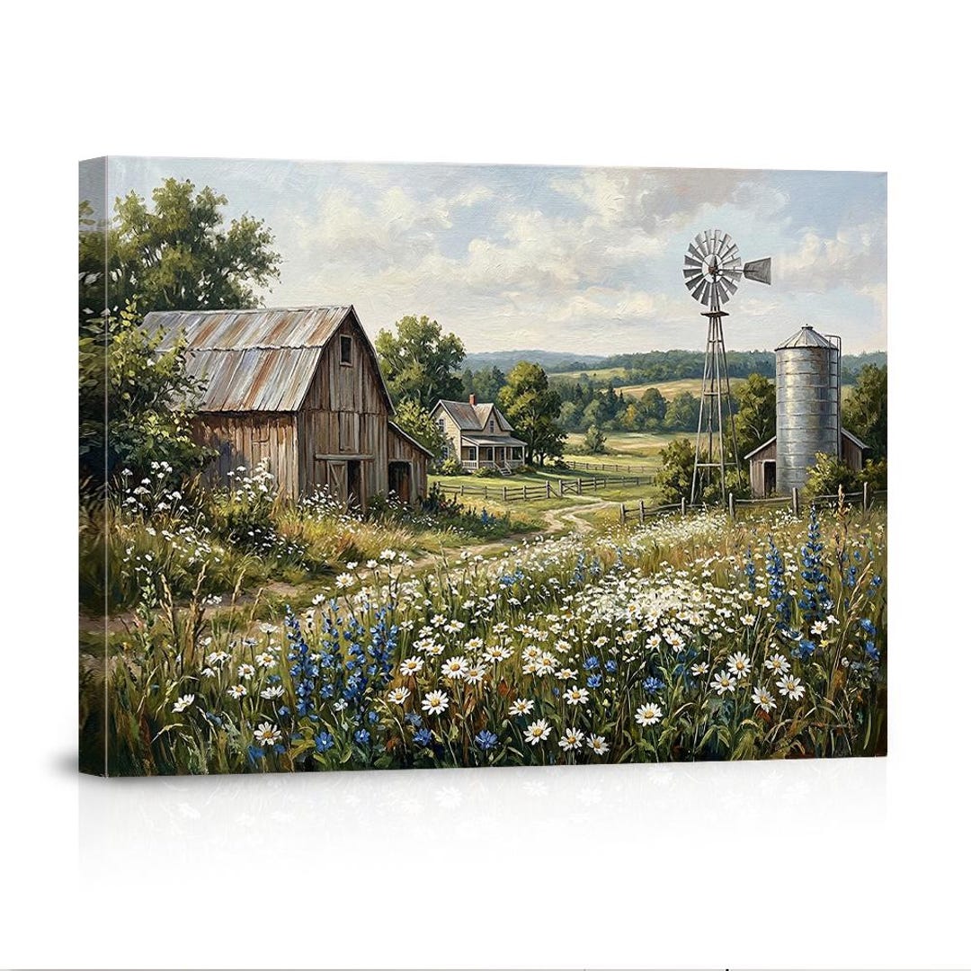 Rustic Farmhouse Landscape Canvas Art, Wildflower Field Painting, Barn ...