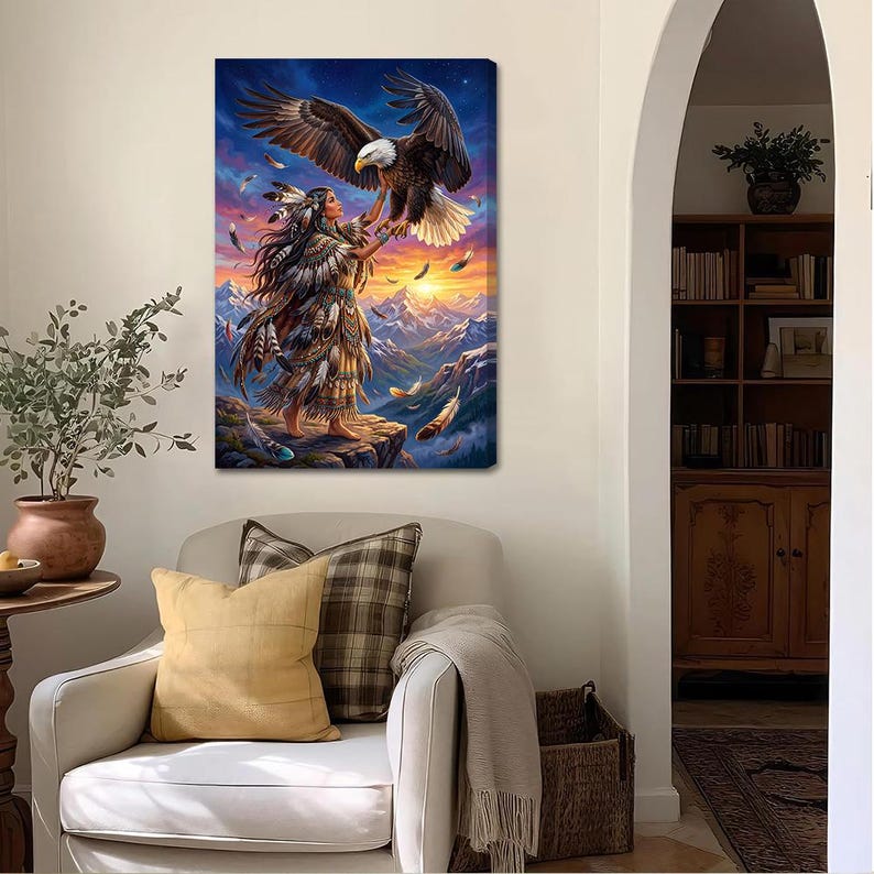 Native American Woman Bald Eagle Canvas Wall Art - Native Indian ...