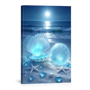 May include: A digital art print of a beach scene with a glowing seashell, a patterned orb, starfish, and water droplets. The artwork is predominantly blue and white, with a bright sun over the ocean.