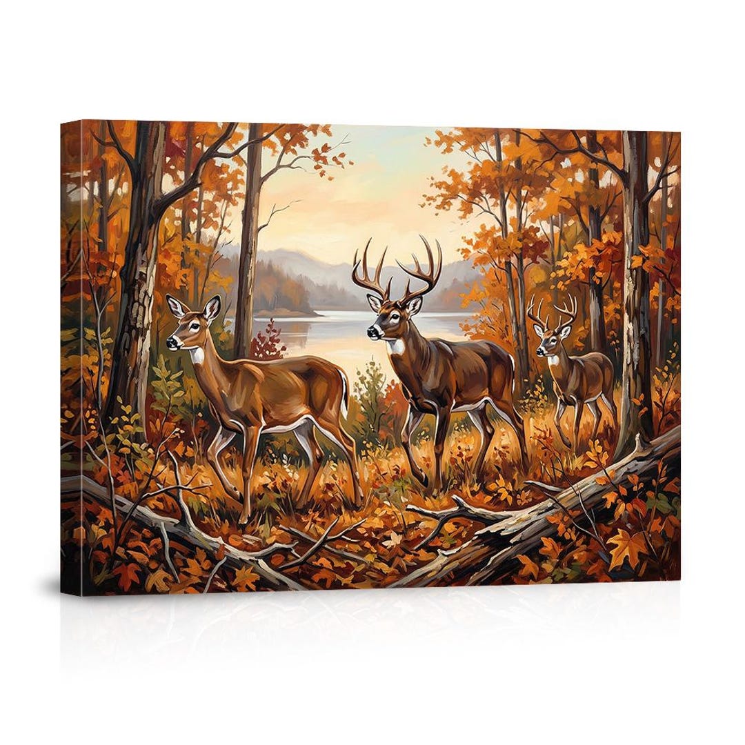 White-tailed Deer Family in Autumn Forest Canvas Wall Art Poster – Fall ...