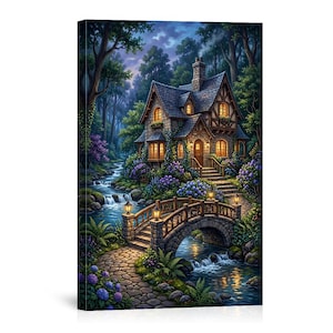May include: A canvas print of a whimsical cottage scene. The cottage has a stone exterior, a dark gray roof, and warm, inviting lights in the windows. A stone bridge arches over a flowing stream, and lush greenery and purple flowers surround the cottage.