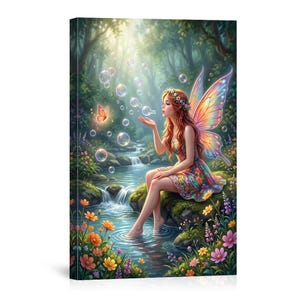 May include: A canvas print depicts a fairy blowing bubbles near a stream. The fairy has red hair, a floral crown, and colorful wings. She wears a floral dress and sits on a mossy rock surrounded by flowers and a butterfly.
