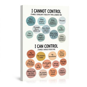 May include: A motivational canvas print with the text "I CANNOT CONTROL" and "I CAN CONTROL" in black. The text is surrounded by colorful circles listing things to focus on and things to avoid. The canvas is rectangular and mounted on a white frame.