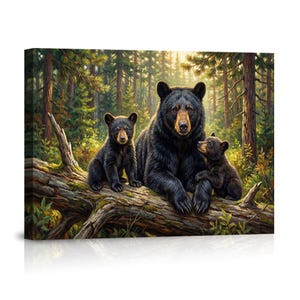 Black Bear Family Forest Canvas Wall Art, Bear Cubs Poster, Rustic Nature Decor