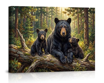 Black Bear Family Forest Canvas Wall Art, Bear Cubs Poster, Rustic Nature Decor