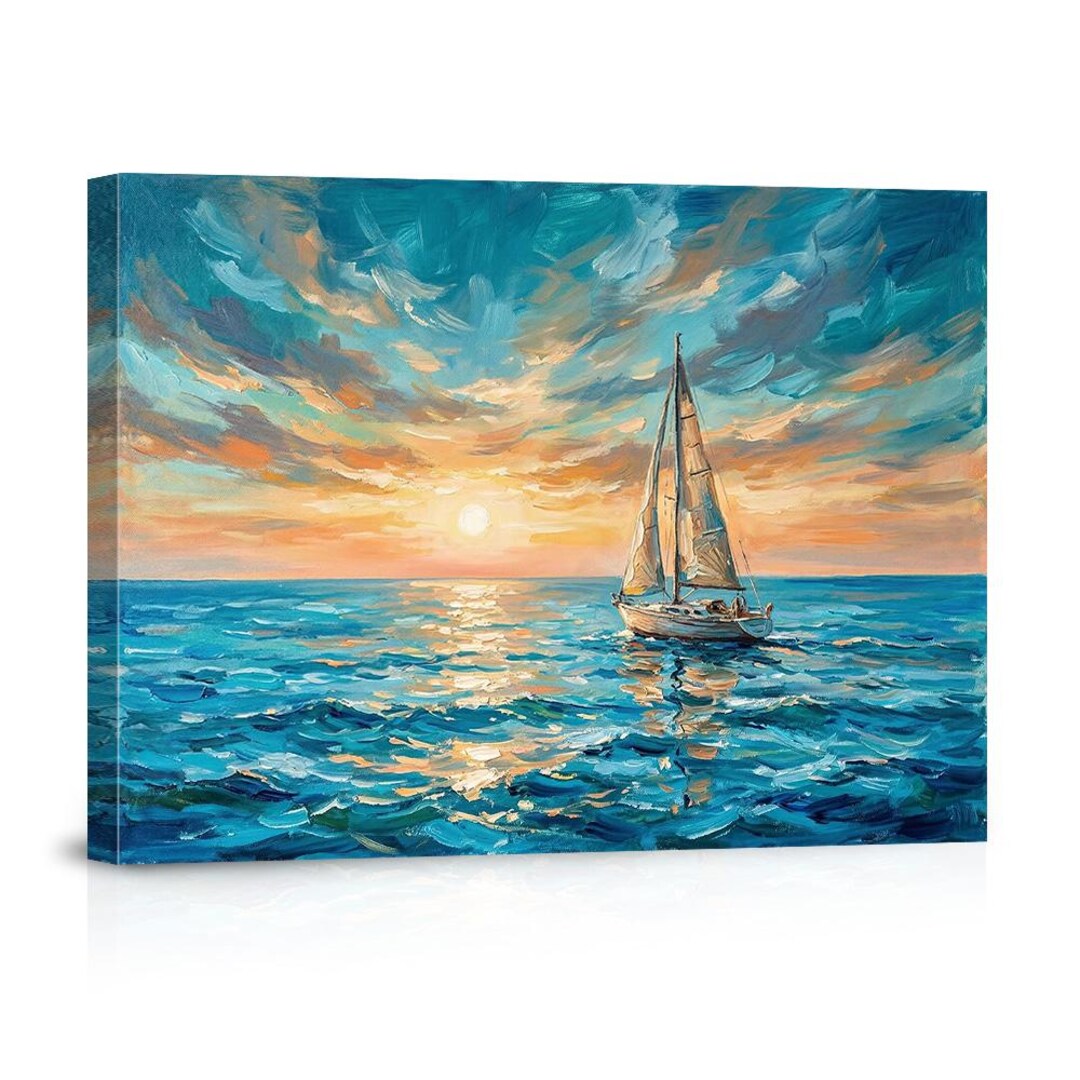 Sailboat on Ocean at Sunset Canvas Wall Art Poster – Impressionist ...