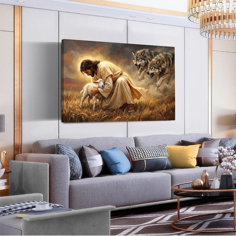 May include: A canvas print depicts a religious scene with a figure in a cream-colored robe cradling a lamb in a field of wheat. Two wolves are in the background. The artwork has a warm color palette with a sunset sky.