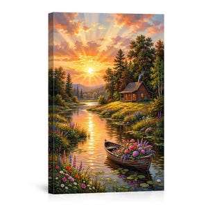 May include: A canvas print of a serene landscape featuring a river reflecting a sunset. A small wooden boat filled with colorful flowers floats on the water. A cabin sits on the riverbank, surrounded by trees and wildflowers.