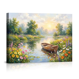 May include: A canvas print of a serene landscape featuring a wooden rowboat on a calm river. The artwork depicts a sunny day with colorful wildflowers along the riverbanks and trees in the background. The sky is filled with soft clouds and the sun is setting.